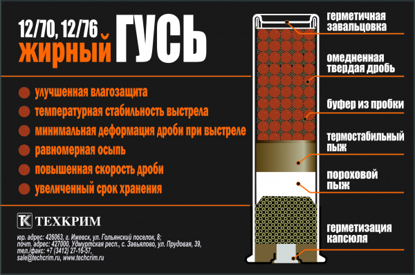 Патрон к.12х70 ТехКрим Жирный гусь картечь 8,0мм 28,5г 