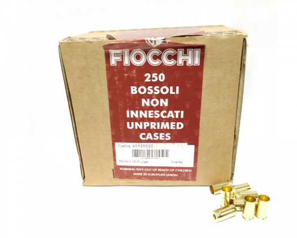 Гильза латунная к.9mm Luger без капсюля Fiocchi (Италия)
